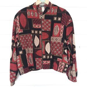 Kensington Square Lightweight Coat  XL Red Black Tan Leaf Patchwork Oversized